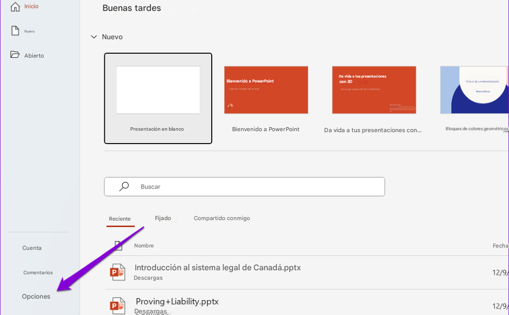InicioBuenas tardesNuevoNuevoAbiertoBienvenido a PowerPointDa vida a tus presentaciones con 3DTÍTULO DE LA PRESENTACIÓNPresentación en blancoBienvenido a PowerPointDa vida a tus presentaciones con...Bloques de colores geométricosBuscarRecienteFijadoCompartido conmigoCuentaNombreFechaComentariosIntroducción al sistema legal de Canadá.pptx12/9/PDescargasOpcionesProving+Liability.pptxDescargas12/9/