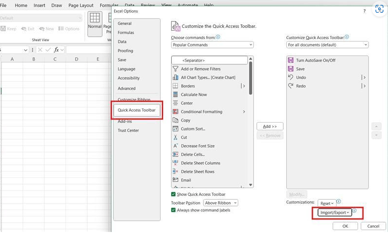 My customized Quick Access Toolbar in Excel, positioned below the ...
