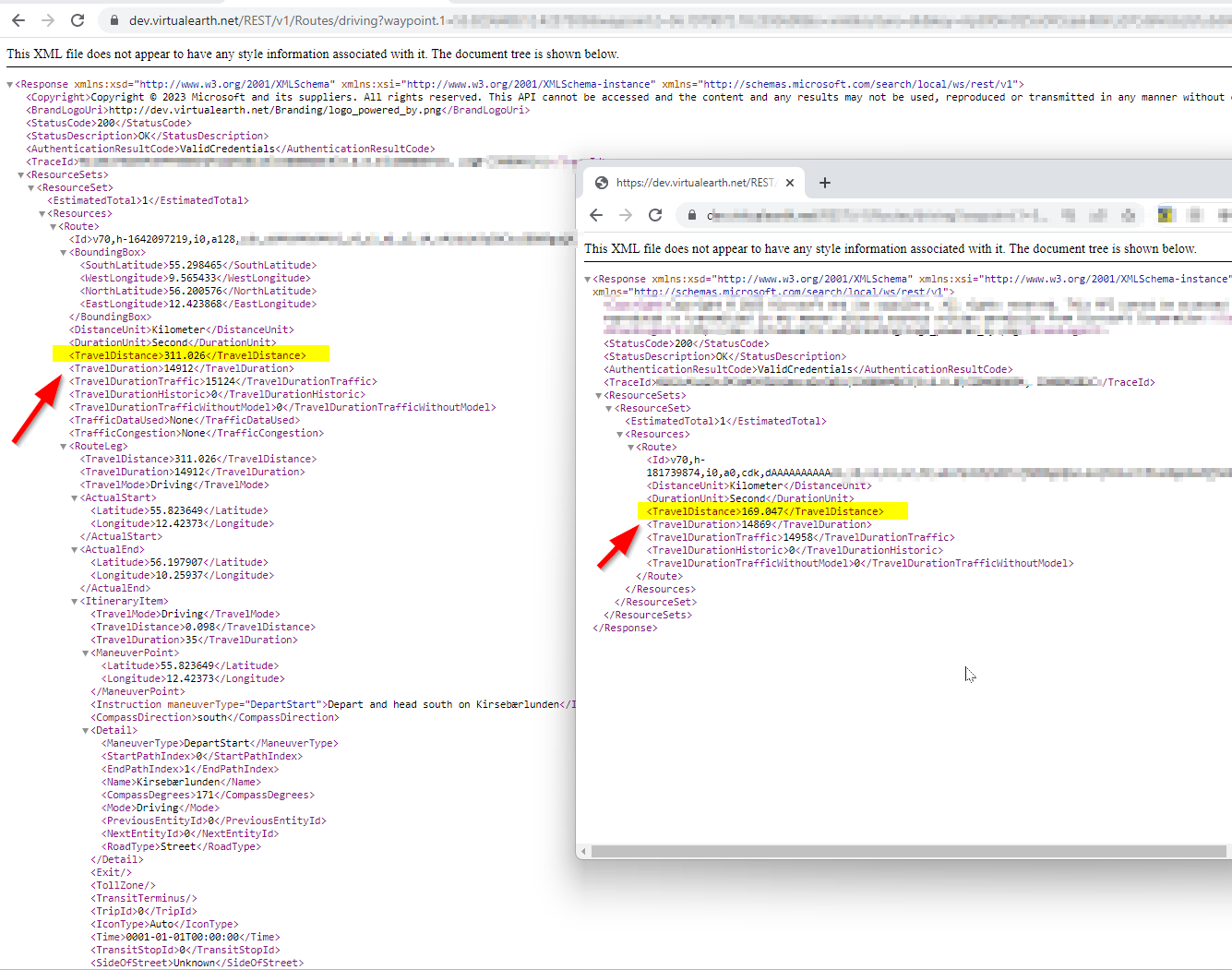 why-does-bing-map-api-return-wrong-distance-when-using