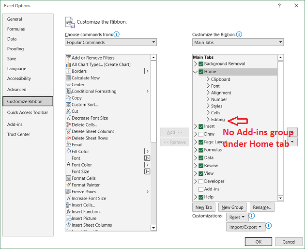 How to Remove the New Add-ins Group on Home Tab of MS Office 2019 ...