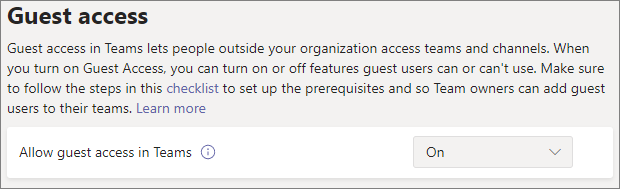 Screenshot of Teams guest access toggle.
