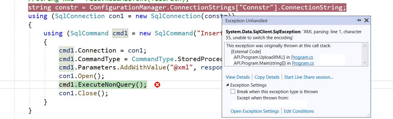 Getting error while XML parsing data to stored procedure in C# ...