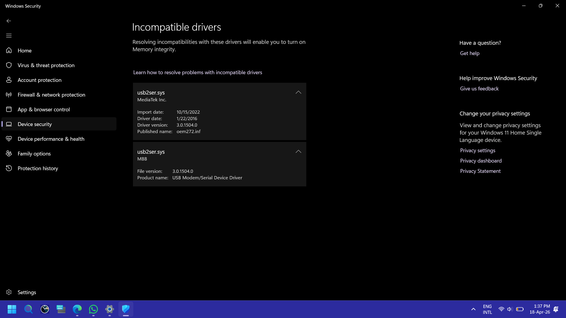 Core isolation incompatible driver usb2ser.sys (MBB) - Microsoft Q&A