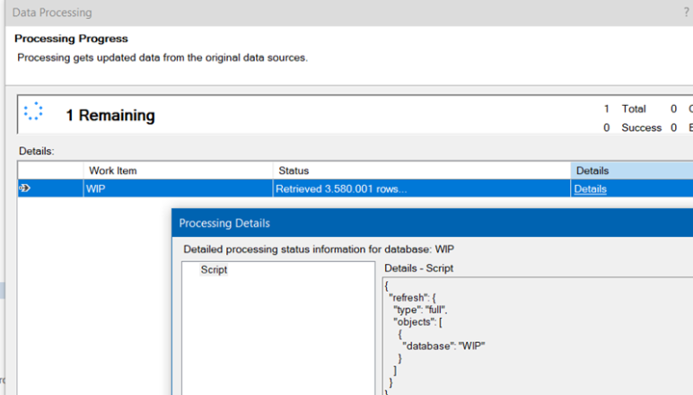 Cube processing showing rowcount instead of "Processing in progress ...