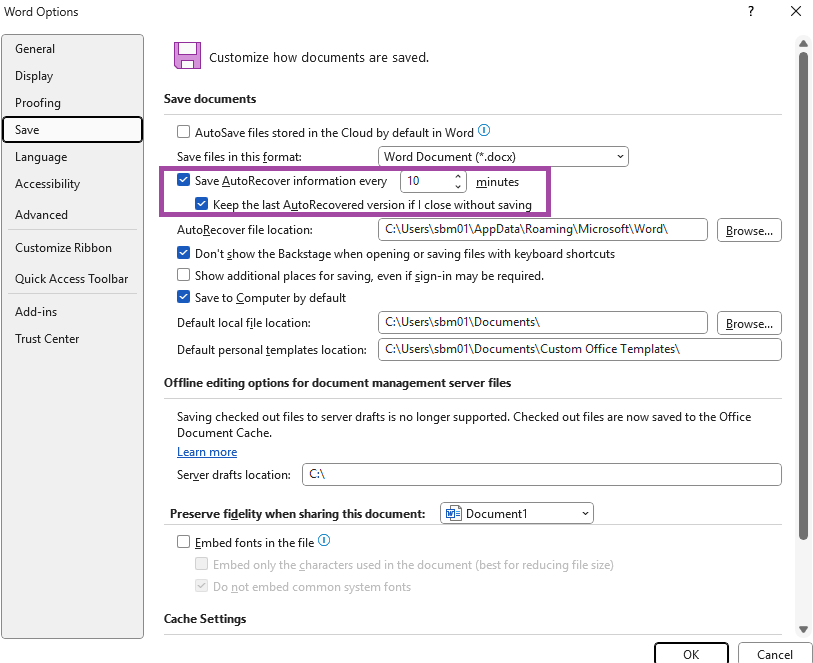 microsoft word autosave locally