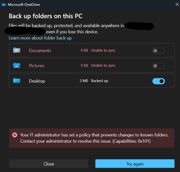 Switch off the ability to sync ondrive folders when redirected folder ...