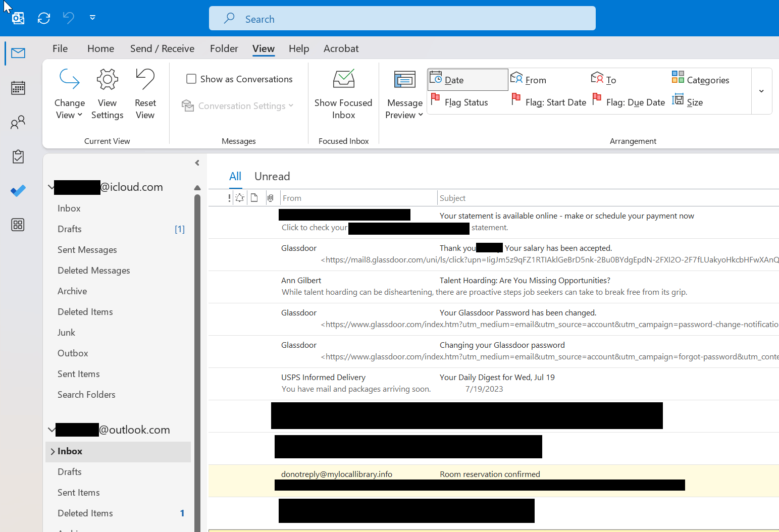 Outlook inbox view has changed for one of my accounts - all other ...