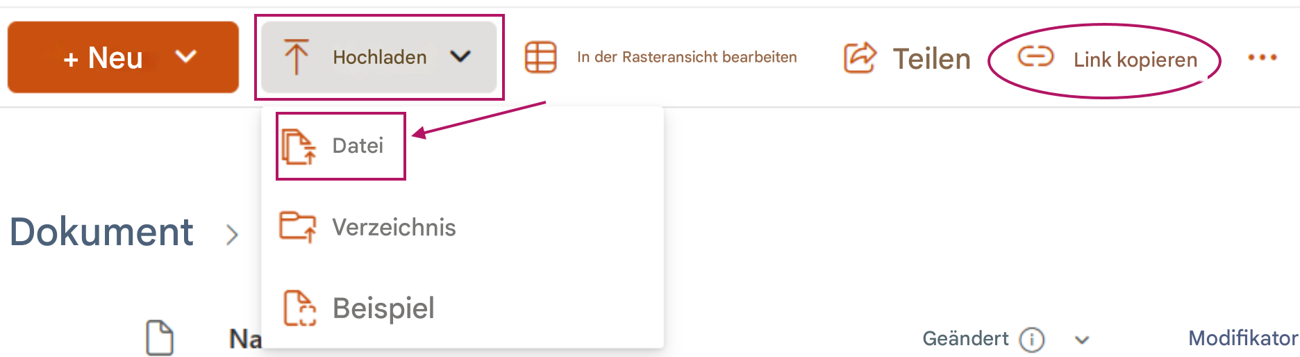 + Neu↑HochladenIn der Rasteransicht bearbeitenTeilenLink kopieren...DateiDokumentVerzeichnisNaBeispielGeändertModifikator