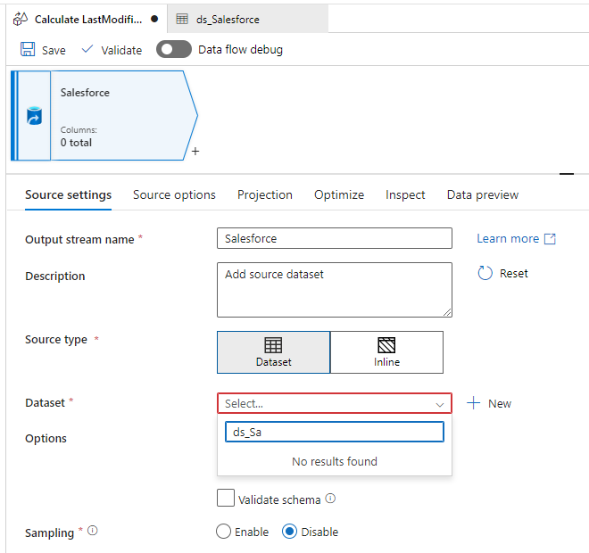 choosing salesforce dataset as dataflow source