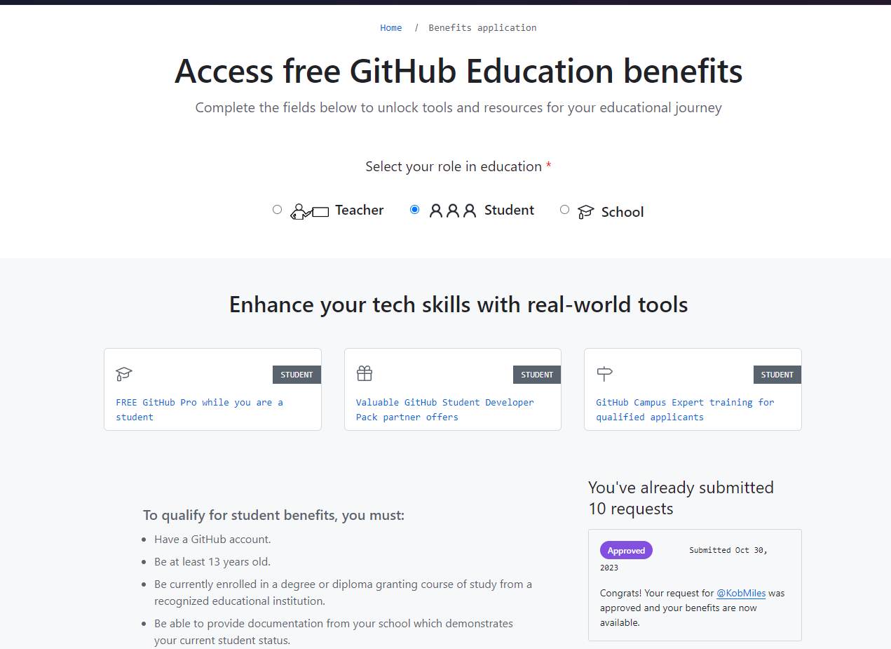 I can't get my student status through GitHub for Students even though I ...