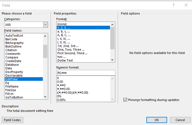 Insert Total Editing Time formatted as hours - Microsoft Q&A