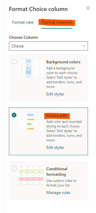 Lists column won't display pill colour editing - Microsoft Q&A