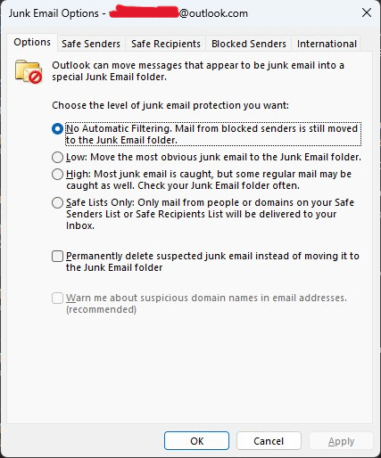 Junk Email Level of Protection entries missing - Microsoft Q&A