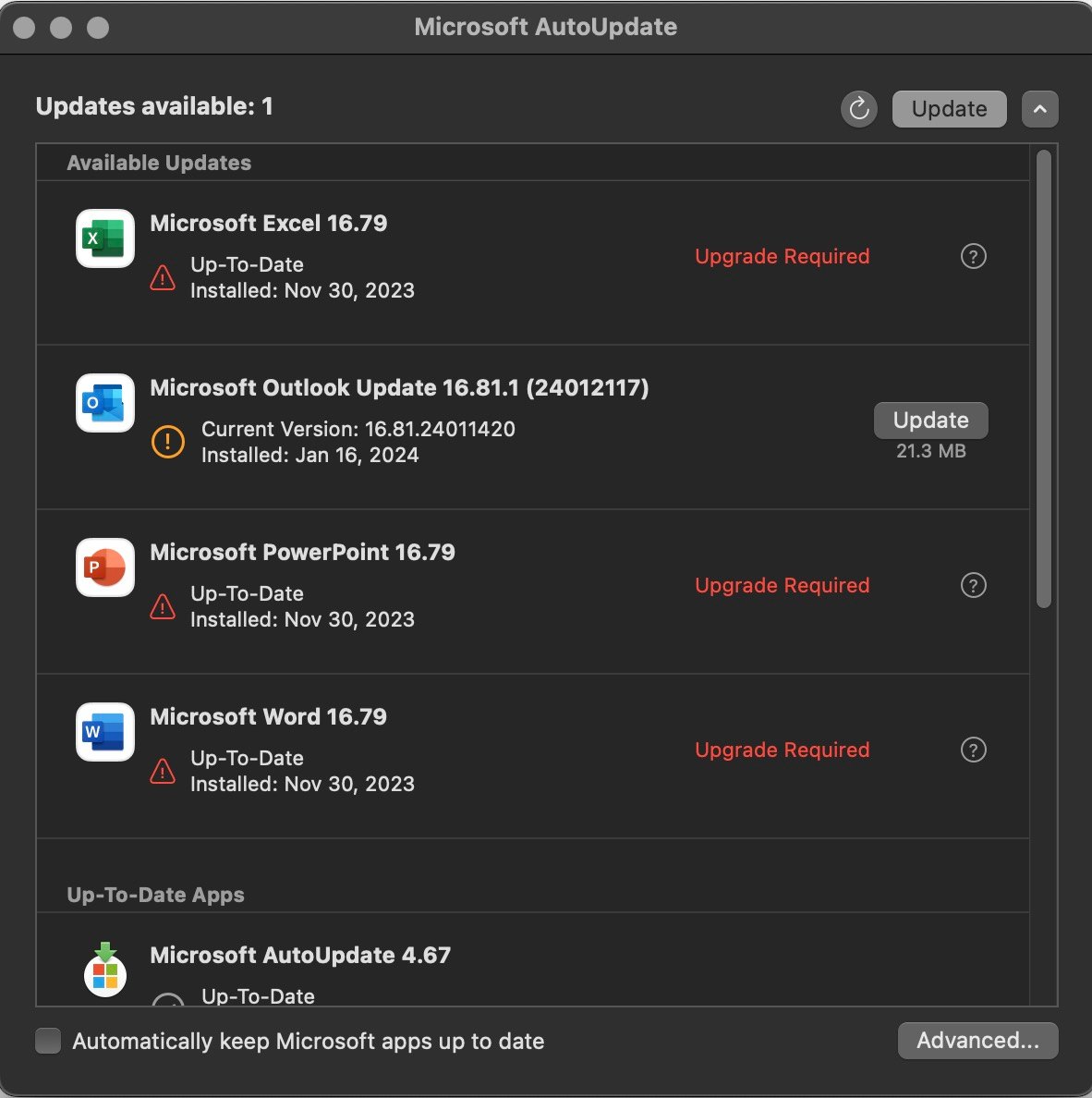 MS AutoUpdate Mac won't update certain Office Apps because it thinks I ...