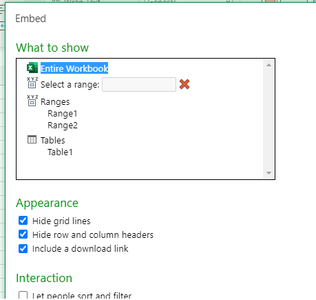 Excel Share using Embed - 'What to show' not loading - Microsoft Q&A