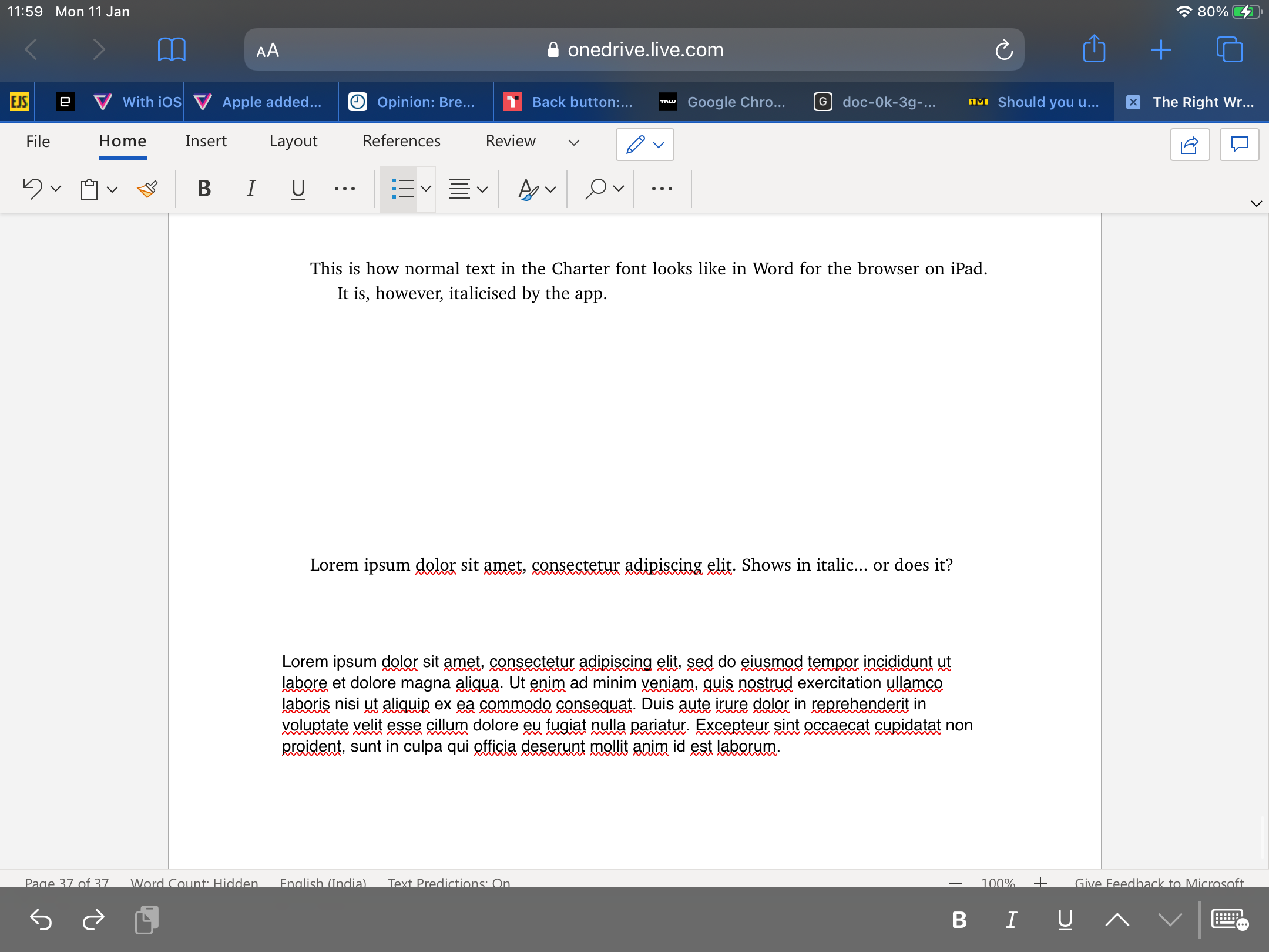 Normal text in the Charter font appears in italics in Word for iOS ...