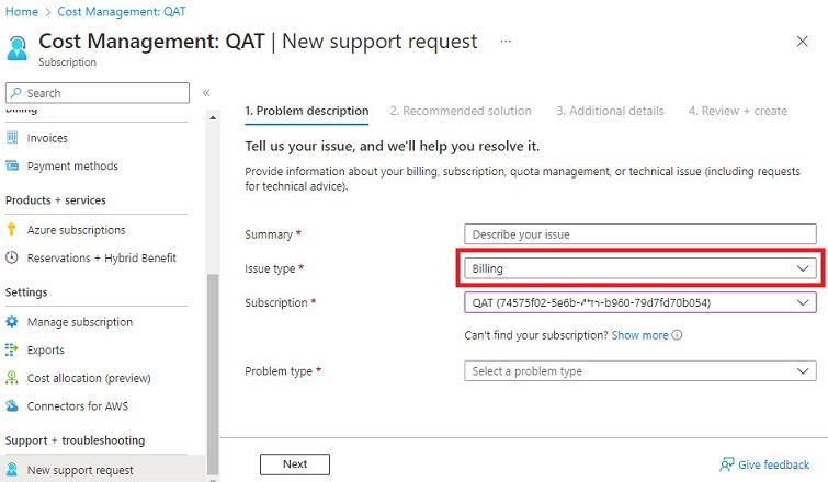 azure new billing support request sample