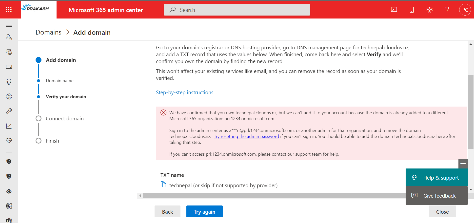 Domain is already added to a different Microsoft 365 organization ...