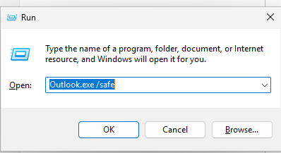 Run X Type the name of a program, folder, document, or Internet resource, and Windows will open it for you. Open: Outlook.exe /safe OK Cancel Browse ...