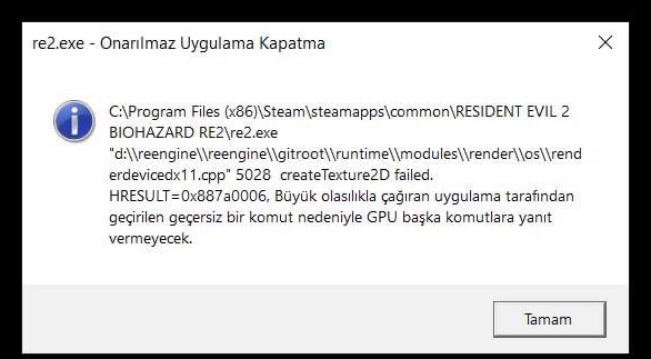 Onarılmaz Uygulama Kapatma/0x887a0006 create Texture2D Failed