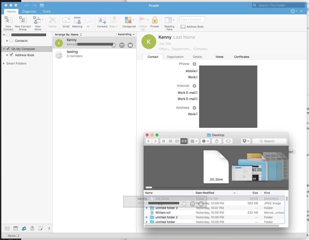 vcf card opens up as an email attachment on Outlook for Mac 2016 ...