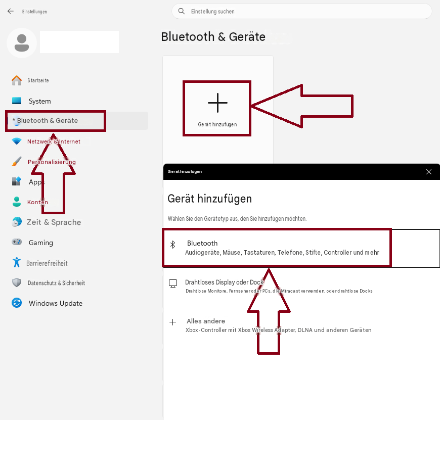EinstellungenEinstellung suchenBluetooth & GeräteStartseiteSystem+* Bluetooth & GeräteL+Gerät hinzufügenNetzwerk & InternetPersonalisierungGerät hinzufügenAppKontenZeit & SpracheGerät hinzufügenWählen Sie den Gerätetyp aus, den Sie hinzufügen möchten.Gaming*BluetoothAudiogeräte, Mäuse, Tastaturen, Telefone, Stifte, Controller und mehrBarrierefreiheitDrahtloses Display oder DockDatenschutz & SicherheitDrahtlose Monitore, Fernseher oder PCs, die Miracast verwenden, oder drahtlose DocksWindows Update+Alles andereXbox-Controller mit Xbox Wireless Adapter, DLNA und anderen GerätenX