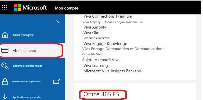 MicrosoftMon compteMon compteAbonnementsSécurité et confidentialitéAutorisations des applicationsApplications et appareilsViva Connections PremiumViva Amplify - Données organisationnellesViva AmplifyViva GlintPersonnes dans VivaViva Engage KnowledgeViva Engage Communities et CommunicationsObjectifs VivaSujets Microsoft VivaViva LearningMicrosoft Viva Insights BackendOffice 365 E5