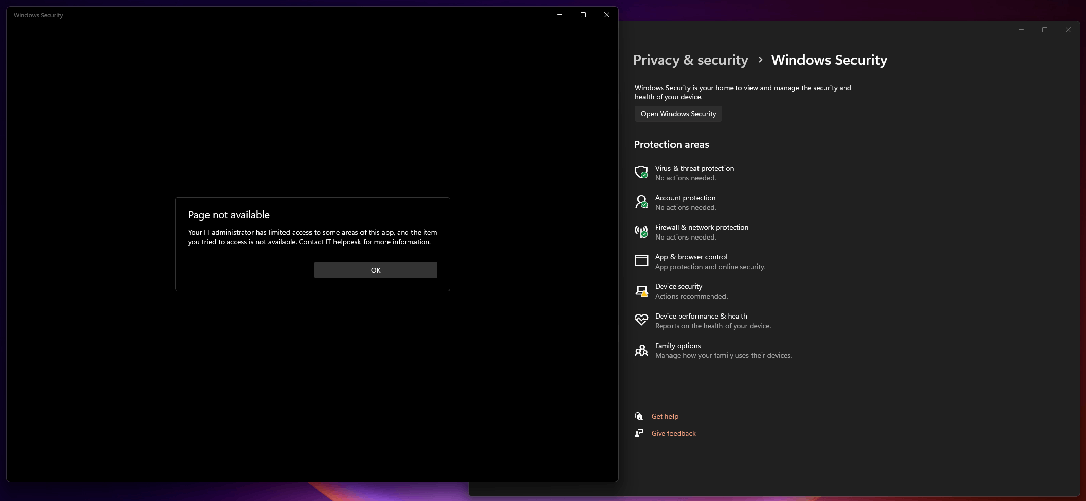 Unable to access Windows Security - Microsoft Q&A