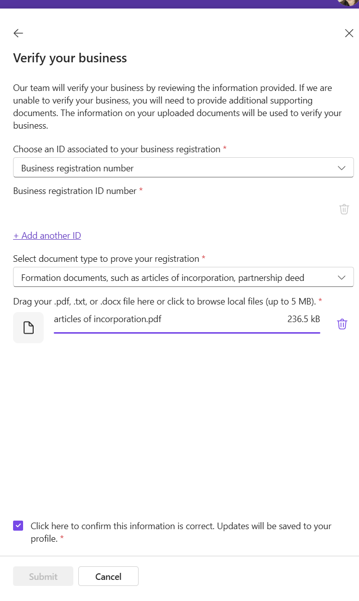 Can't submit documents to verify on Startup Founder's Hub. - Microsoft Q&A