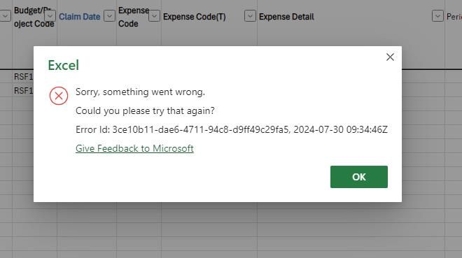 Excel error when online excel is using through browser - Microsoft Q&A