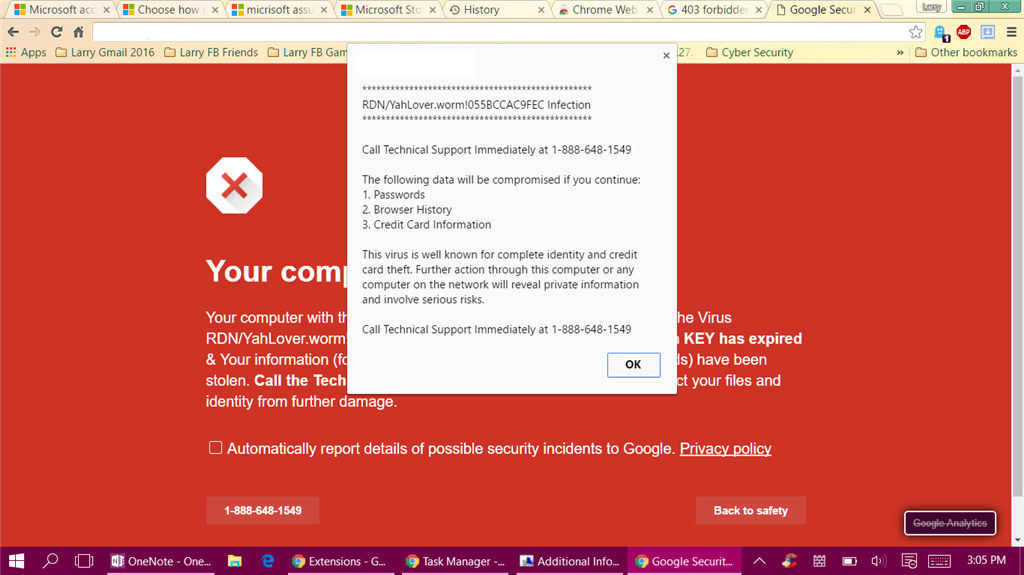Red screen warning that I have a virus and should call an 888 number ...