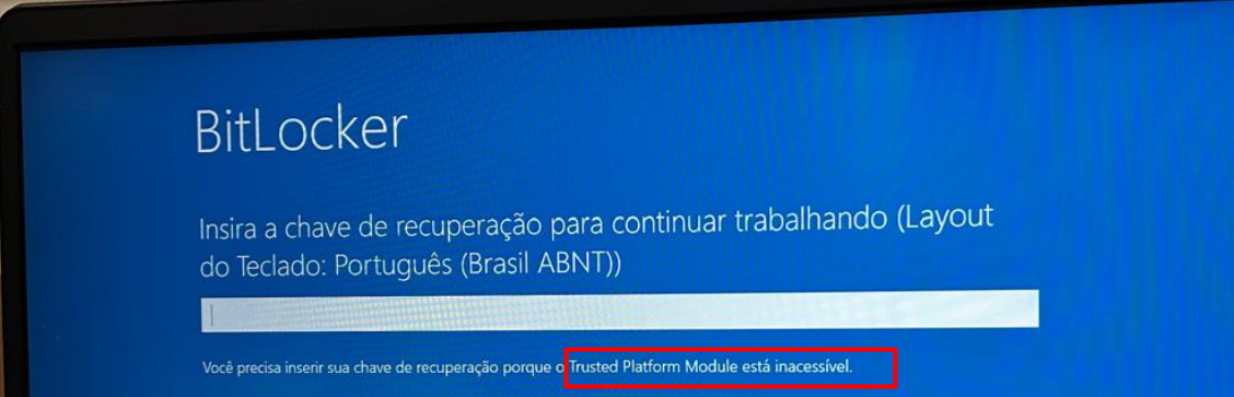 Tela de inicialização do Windows 11 sendo necessário inserir a chave de recuperação para continuar trabalhando. Você precisa inserir sua chave de recuperação porque o Trusted Platform module está inacessível