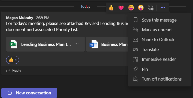 More Options and Create Task not visible in Teams channel post options ...