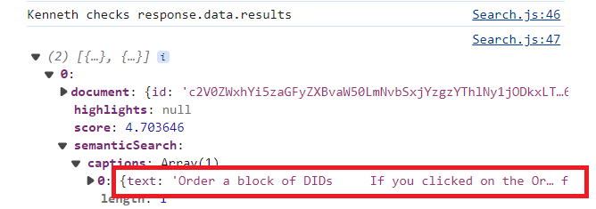 how to access caption from Semantic Search using JavaScript ...