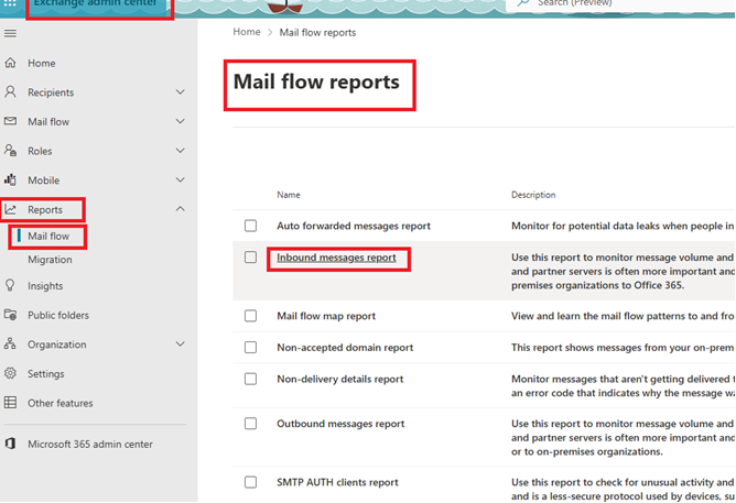 A screenshot of a mail flow report
