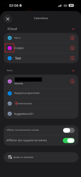 02:0650 90XCalendriersiCloudMaison①①EmploiTestAutreAbonnésRappels programmésAnniversairesSuggestions SiriAfficher les événements refusésAfficher les rappels terminésAjouter un calendrier