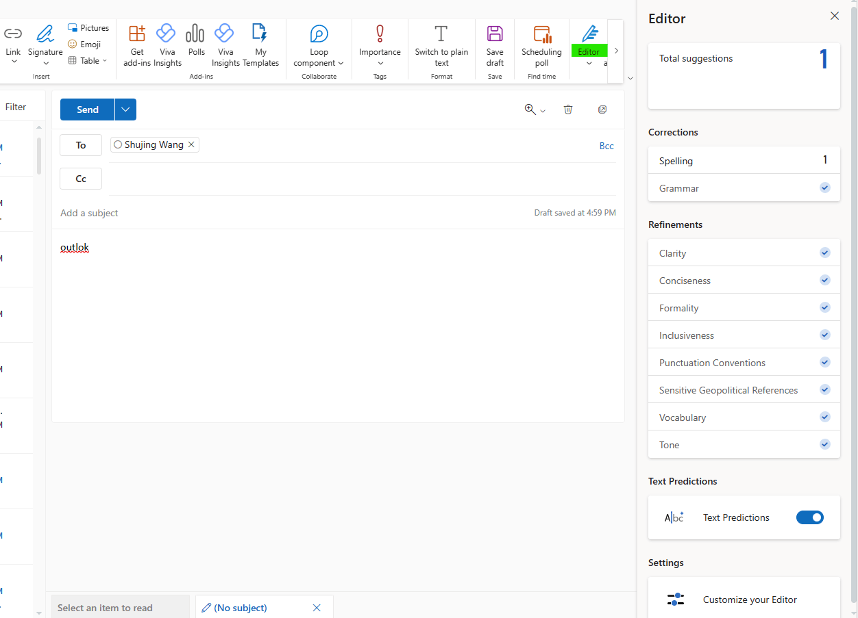 Where is the spell check or auto correct option for the outlook app ...