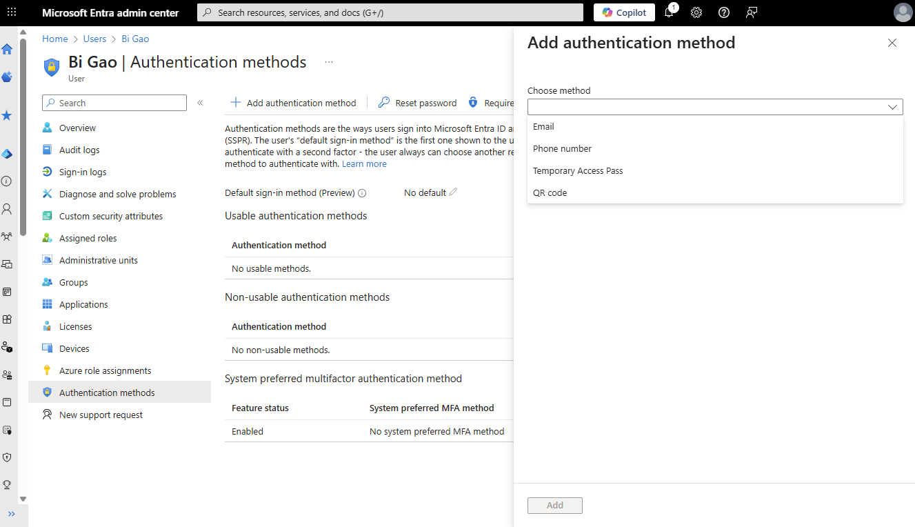 Captura de tela de como adicionar métodos de autenticação do Centro de administração do Microsoft Entra.