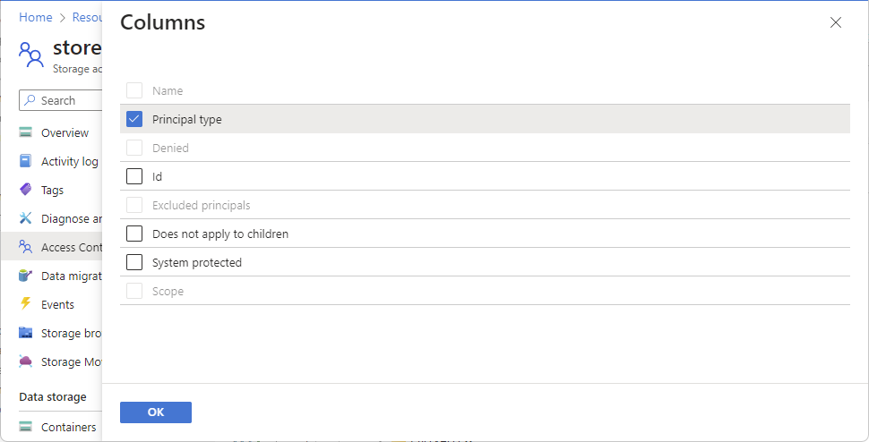Screenshot of deny assignments columns pane that shows how to add columns to list of deny assignments.