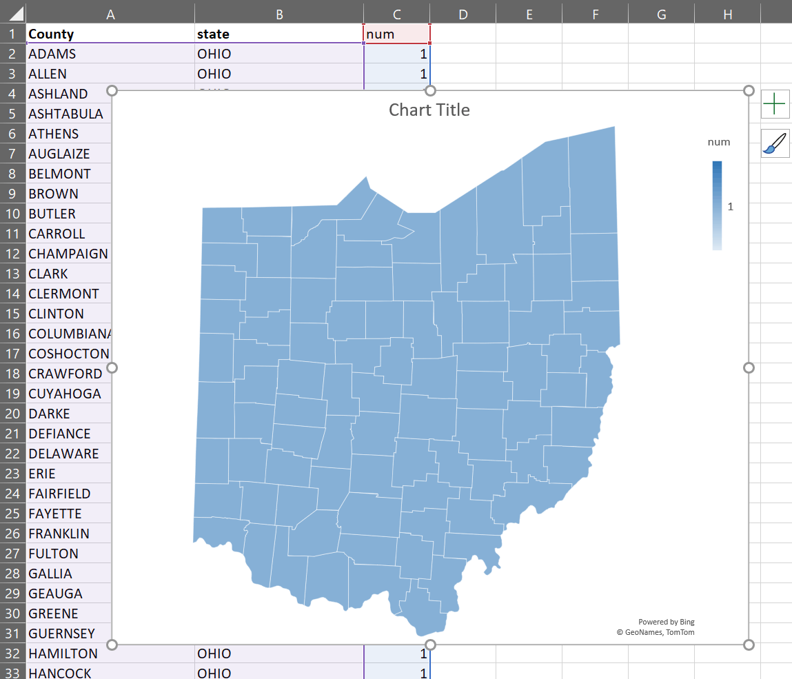 Microsoft Excel map chart. County borders extending beyond great lake ...