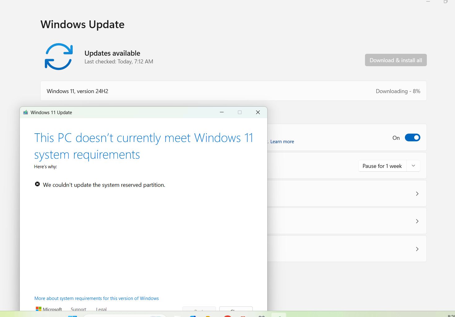I am unable to download window 11 24H2 update. When 8% downloading ...