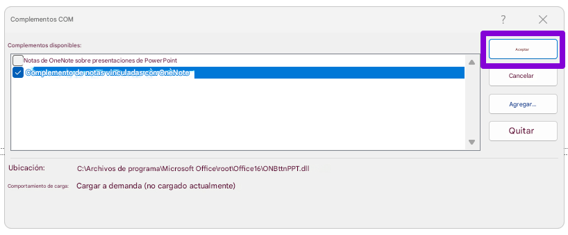 Complementos COMComplementos disponibles:Notas de OneNote sobre presentaciones de PowerPointComplemento de notas vinculadas con OneNoteXAceptarCancelarAgregar...QuitarUbicación:C:\Archivos de programa\Microsoft Office\root\Office16\ONBttnPPT.dllComportamiento de carga:Cargar a demanda (no cargado actualmente)?