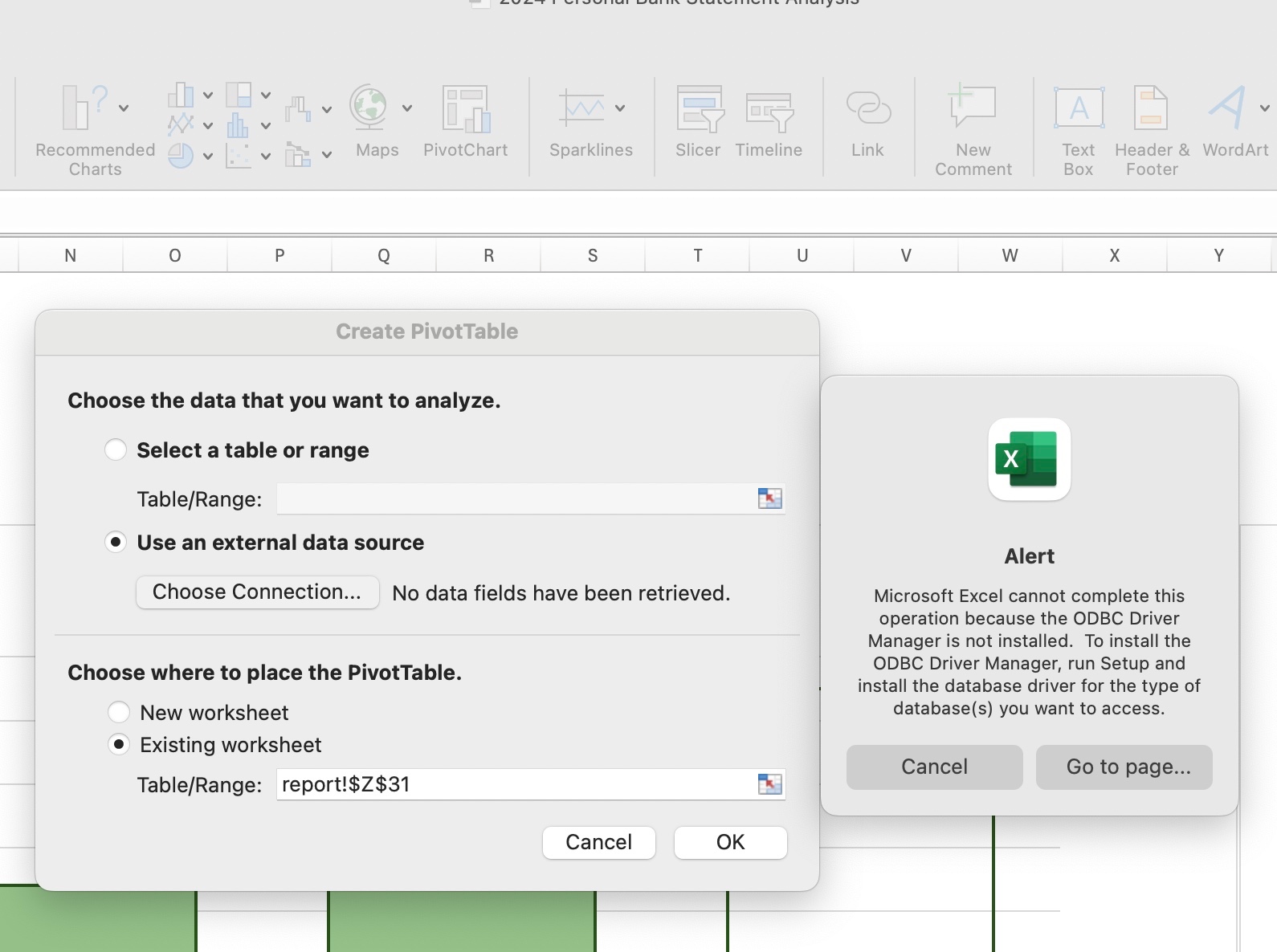 Trying to insert a pivot table by selecting the option 