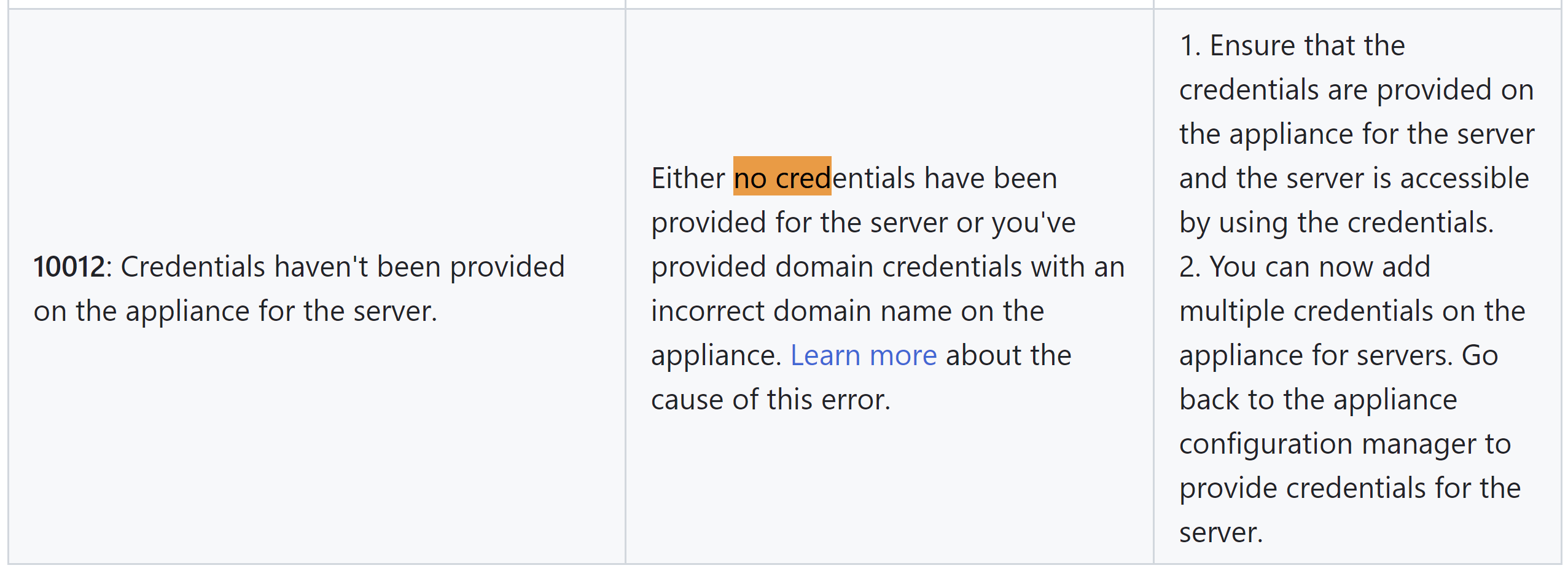 No credentials have been provided on the appliance for this server