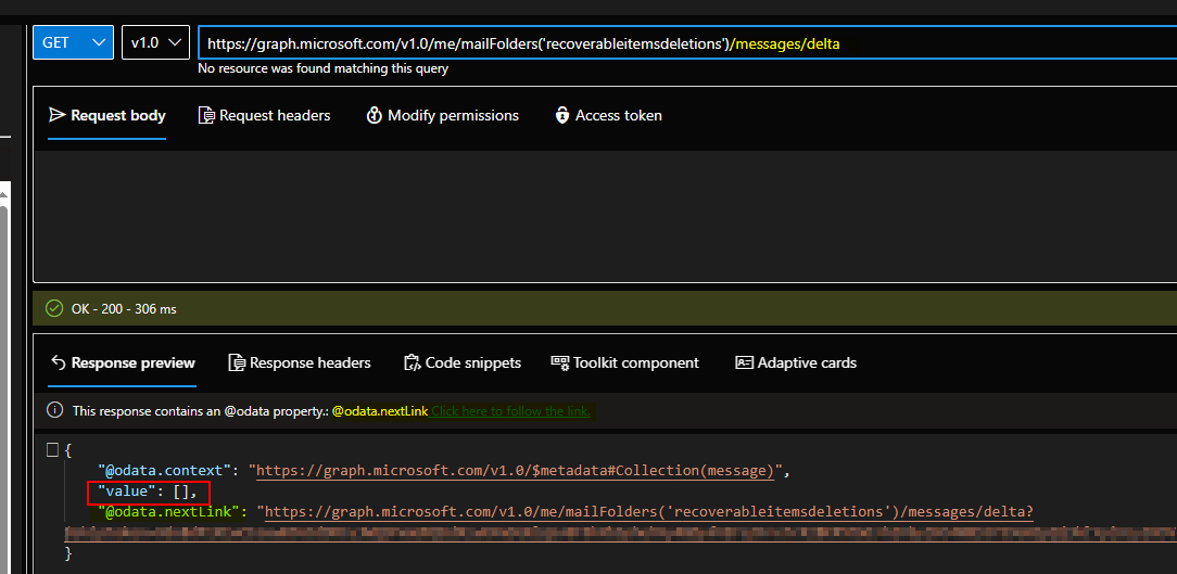 Empty response to Graph query on mails in a folder which actually has ...
