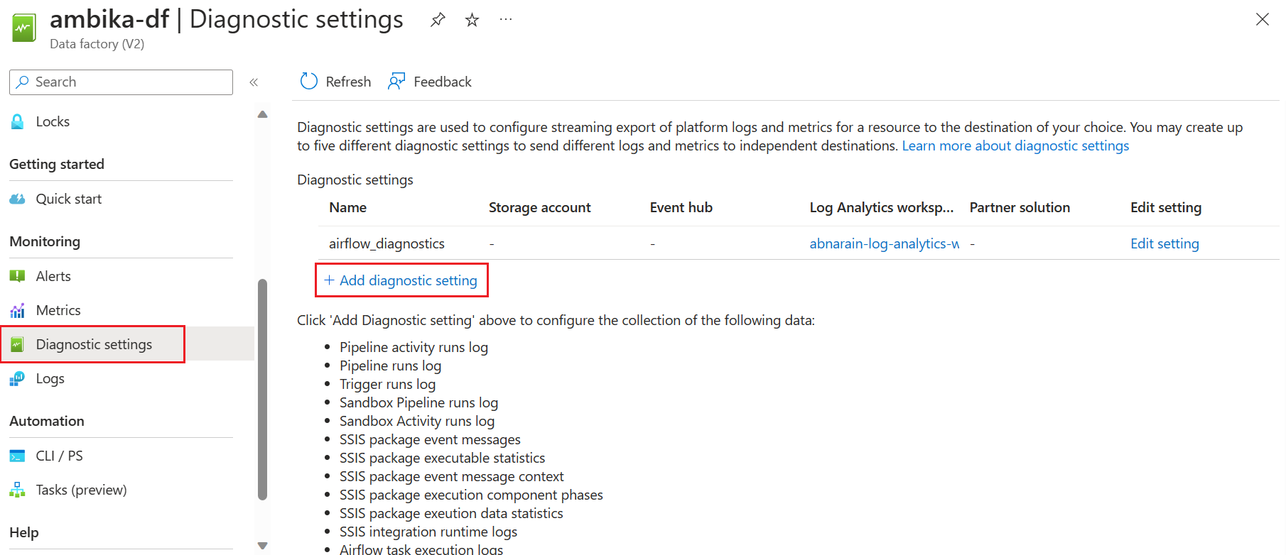 Screenshot that shows where diagnostic logs tab is located in data factory.