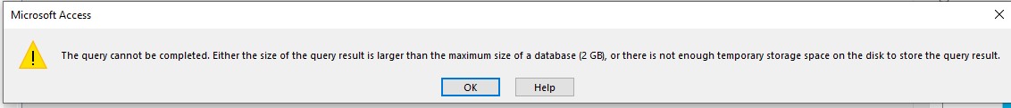 MS Access says insufficient temp storage - Microsoft Q&A