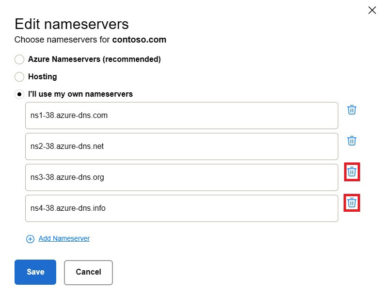 qna dcc domain list edit nameservers delete lines