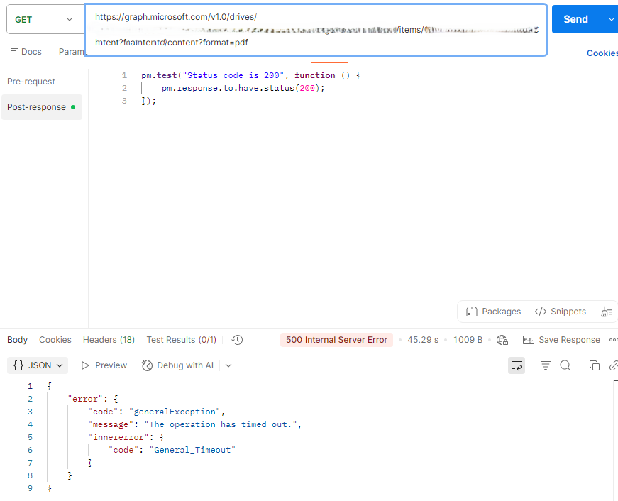 Microsoft Graph PDF conversion timing out at ~45 seconds with "General ...