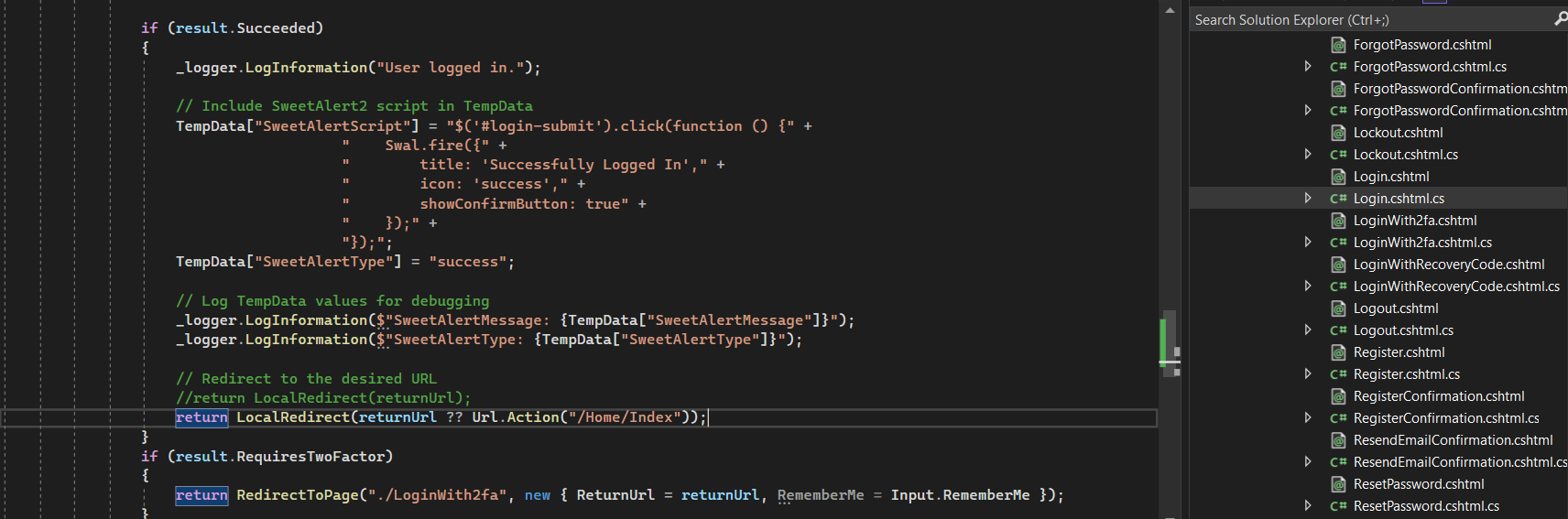 redirection code in login.cshtml.cs